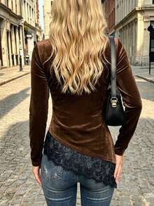 Cévolie Fashionable Minimalist Design Cowl Neck Lace Patchwork Top - Coffee Brown - View 2