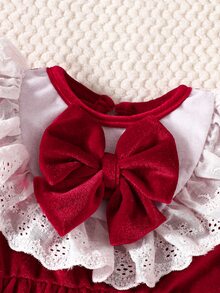 Souflis Souflis 2件組 幼兒女嬰天鵝絨洋裝 優雅甜美酒紅色 蕾絲蝴蝶結荷葉邊長袖圓領 聖誕派對秋季假期優雅時尚帽 - 紅色 - 查看 4