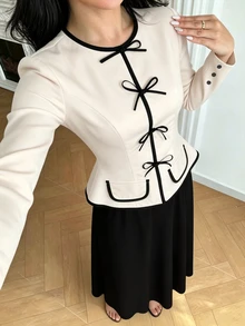 Modelyn Women's Black & White Colorblock Cinched Waist Jacket & Midi Skirt 2 Pieces Set - Black and White - View 6