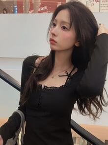 DAZY Solid Color Contrast Lace Trim Bow Long Sleeve Square Neck Elegant Sexy Vacation Spring Autumn Women's T-Shirt - Black - View 3