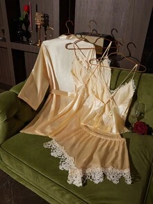 SilkySpell Women's Sexy Faux Silk Pajama Set, Yellow Heavy Embroidery Patchwork Silky Sleepwear Home 4-Piece Set - Yellow - View 2