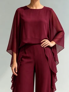 Linhara CURVE Autumn/Winter Cherry Red Luxury Elegant Evening Gown Set, Sophisticated Lady Style, Atmospheric Plus Size 2 Pieces Outfit - Burgundy - View 8