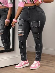 Slaydiva Celana Jeans Denim Kasual Serbaguna Model Skinny Berbahan Denim Sobek untuk Wanita Ukuran Plus dengan Kantong - Hitam - View 3