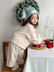 DAZY Infant/Toddler (Girl) Round Neck Solid Color Autumn/Winter Long Sleeve Fleece Sweatshirt Set - White - View 2