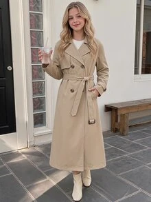 SHEIN Tween Girl Fashion Casual Street Commute Long Trench Coat - Khaki - View 13