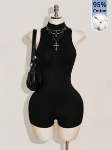SHEIN ICON Women's Stand Collar Back Patchwork Chinese Dragon Mesh Sleeveless Fitted Romper Unitard - Black - View 10