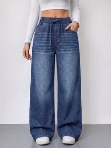 SHEIN Tall Women's Drawstring Waist Pocket Casual Daily Travel Jeans - Dark Wash - View 7