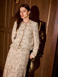 MOTF PREMIUM FRENCH VINTAGE ELEGANT BEIGE BROWN SHINY TWEED SHORT JACKET, ROUND NECK GOLD BUTTONS TASSEL FRINGE LADY STYLE -INSPIRED TOP, AUTUMN/WINTER OFFICE - Champagne - View 8