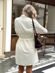 Serisse Gaun Kemeja Wanita Bergaris Lengan Panjang Bahu Jatuh Kancing Tunggal Pinggang Berkerut, Musim Gugur/Musim Dingin Elegan Formal Mewah Bisnis Chic Dasar - MultiWarna - View 2