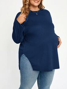 Plussiva 大尺碼孕婦純色極簡長袖開衩下擺上衣 - 藍色 - 查看 8