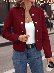 SHEIN Clasi Elegant Chic Black & White Metallic Button Decor Fitted Women Jacket In Fall/Winter - Burgundy - View 7