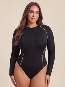 SHEIN Dewbera Jumpsuit Olahraga Wanita Ukuran Plus Lengan Panjang Raglan dengan Resleting Depan - Hitam dan Putih - View 4