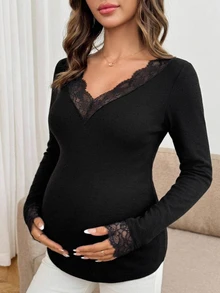 DAZY Contrast Lace Trim Fitted Elastic Long Sleeve V-Neck Casual Daily Vacation Korean Style Spring Autumn Top Maternity T-Shirt - Black - View 5