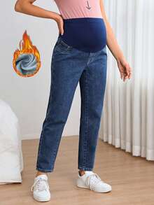 SHEIN 孕婦可調腰圍休閒日常牛仔褲 - 深色水洗藍 - 查看 6