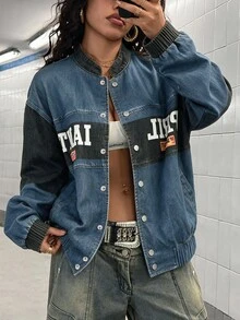 StreetHx Denim Contrast Color Motorcycle Print Baseball Jacket, Stand Collar, Front Panel Digital Positioned Print, Elastic Cuffs And Hem, Loose Fit Street Casual Flight Jacket - Multicolor - View 5
