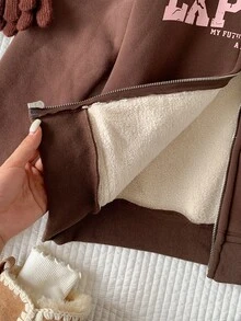 Comfortcana 女款字母印花拉鍊連帽運動外套，人造毛領，秋季女裝，運動休閒服，健身運動裝，Y2K校園風 - 咖啡棕 - 查看 10