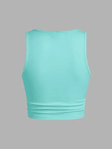 Slaydiva (Premium Fabric Version) - Summer Knitted Fine Ribbed Multi-Function Sleeveless Short Solid Color Notch Neck Tank Top - Mint Blue - View 2