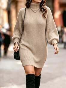 Linhara CURVE Plus Size Women's Autumn/Winter Fashion Casual High Neck Lantern Sleeve Loose Fit Slimming Knit Dress, Suitable For Daily Commute, Party And Other Occasions - Khaki - View 5