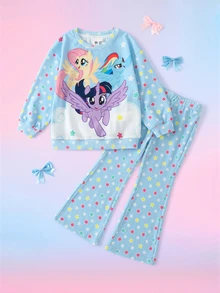 My Little Pony X SHEIN طقم سويت شيرت برقبة دائرية وأكمام طويلة وبنطلون واسع للفتيات الصغيرات G4 X - الأزرق - مشاهدة 1