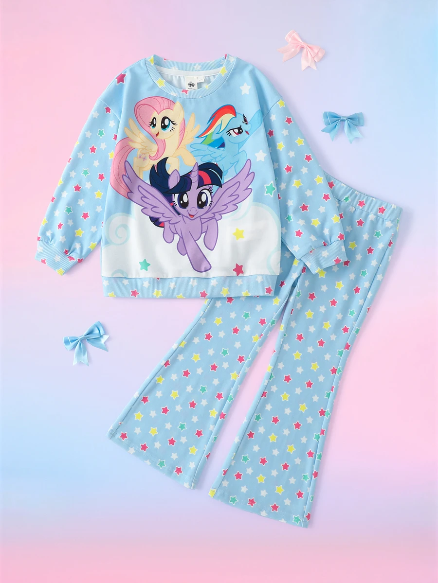 My Little Pony X SHEIN طقم سويت شيرت برقبة دائرية وأكمام طويلة وبنطلون واسع للفتيات الصغيرات G4 X - الأزرق - مشاهدة 1