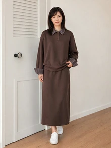 Yumoku Women's Contrast Color Long Sleeve Top And Skirt Casual 2 Pieces Set - Brown - View 6