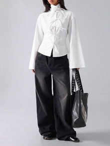 LYSMO Women's Solid Color Front Tie Long Sleeve Casual Fashion Shirt - White - View 4
