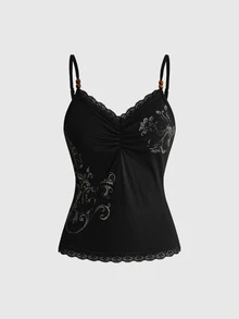 ROMWE Fairycore Women's Floral Print Pleated Contrast Lace Camisole - Black - View 1