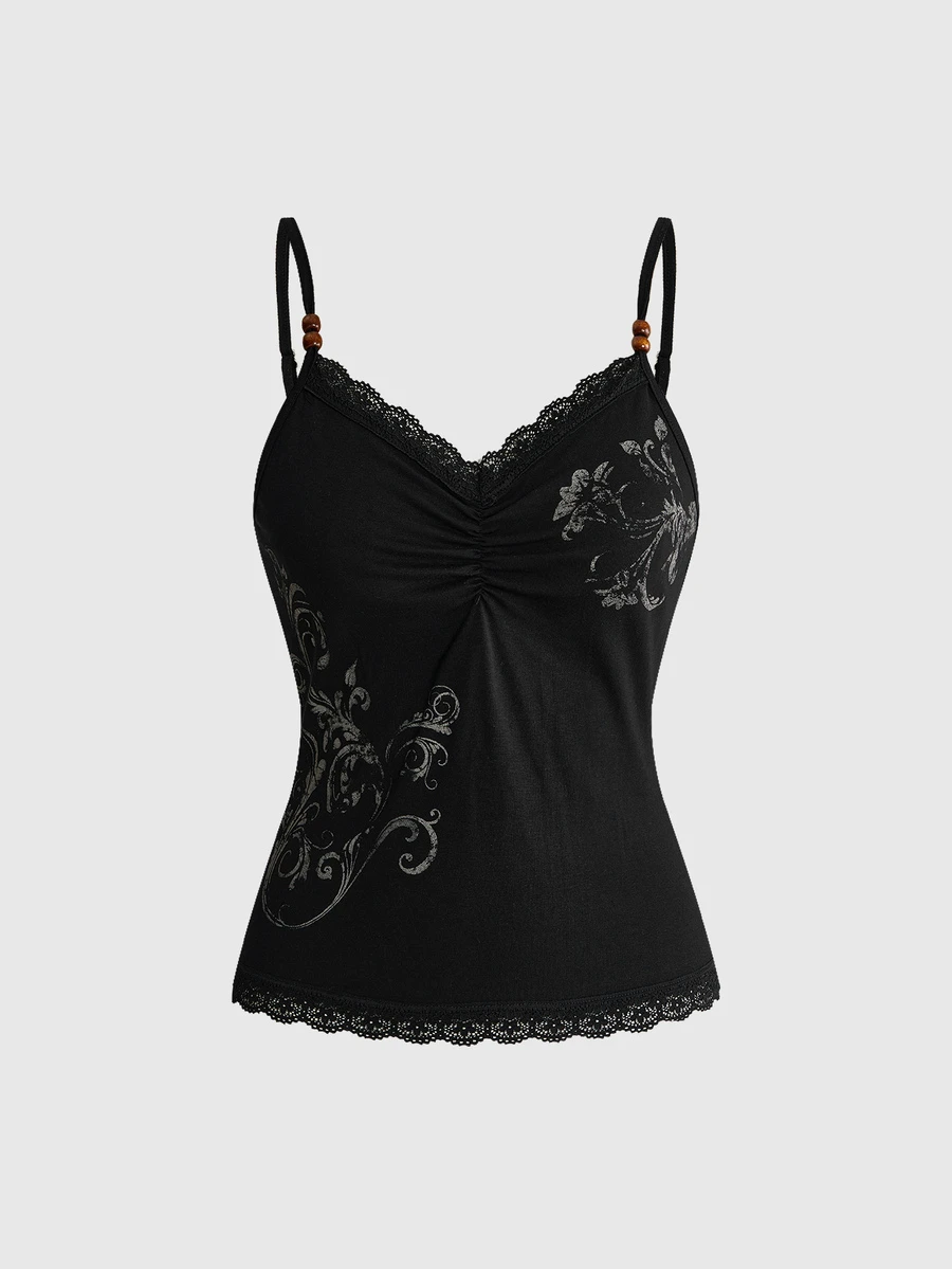ROMWE Fairycore Women's Floral Print Pleated Contrast Lace Camisole - Black - View 1