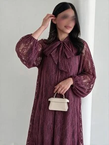 Yasveil Women's Wine Red Knitted Lace Long Sleeve Cinched Waist A-Line Elegant Romantic Arabian Dress - Burgundy - View 9