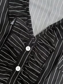 SHEIN Autumn French Retro Striped Ruffled Long-Sleeved Women's Blouse, Made Of Chiffon Fabric, Perfect For Parties, Commuting, Christmas, And Halloween. - Black - View 7