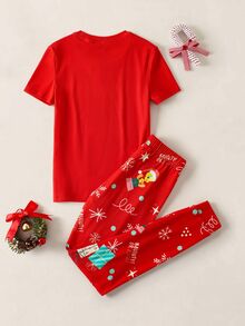LOONEY TUNES X SHEIN Tween Girl Round Neck Short Sleeve Top And Long Pants Loungewear Set - Red - View 2
