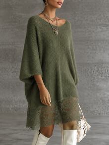 SHEIN Women's Solid Color Round Neck 3/4 Sleeve Loose Knit Dress - Green - View 3