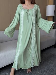 Dazy Plus Spring/Autumn New Fresh Minimalist Vacation Lace Patchwork Neckline Tie Bell Sleeve Loose Nightgown - Green - View 6