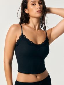 SHAPORA 1pc Women's Lace Patchwork Skin-Friendly Versatile Camisole Top - Black - View 5