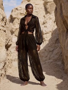 Zivah Women's Elegant Lace Sheer Blouse And Lantern Pants 2 Pieces Set For Beach Party - Brown - View 6