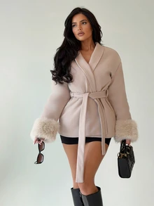 Firerie Minimalist Casual Chic Commuter Long Sleeve Coat, Solid Color Faux Shearling Patchwork Women's Jacket Down Coat, Suitable For Office, Date, Vacation - Khaki - View 8