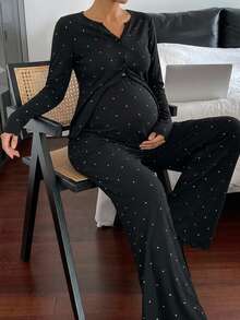 DAZY Contrast Polka Dot Button-Front Long Sleeve T-Shirt And Straight Leg Pants Casual Daily Home Wear Spring Autumn Maternity 2 Pieces Set - Black - View 4