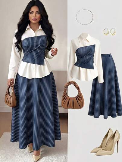 Elenzga Plus Size Women's Elegant Elegant Lapel Long Sleeve Design Blue Striped Patchwork Waist-Cinched Blouse And High Waist Long A-Line Skirt Casual Slimming Daily Commute Two Pieces Set