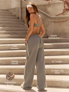 GLOWMODE Cozy Street Collection Everyday Fleece Jetsetter Relaxed Straight-Leg Pants With Double Piping & Studded Pockets Daily Casual Fall Winter Wear - Khaki - View 2