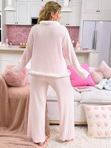 Slumberry CURVE Plus Size Women's Autumn/Winter Comfortable Knit Ribbed Colorblock Striped Long Sleeve Pants Pajama Set - Pink - View 2