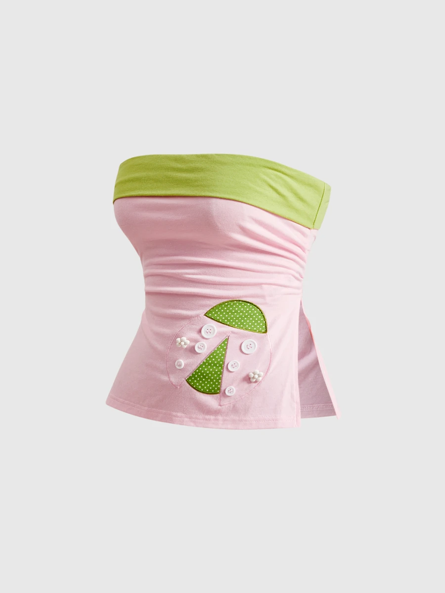 Sweetness 7-Star Ladybug Embroidered Hand-Sewn Button Fun Black Bandeau Split Top For Women - Baby Pink - View 1