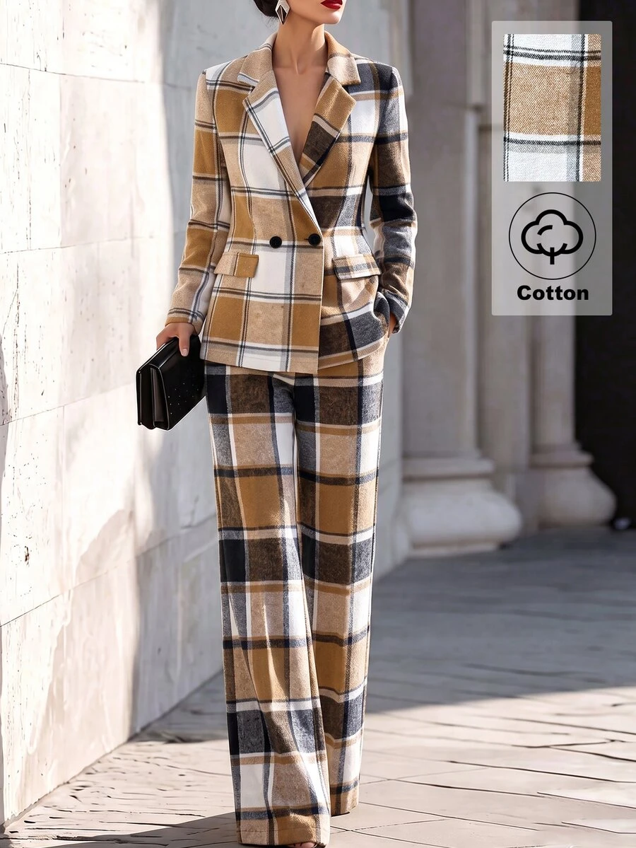 SHEIN Women's Plaid Long Sleeve Top And Pants Casual Commute Suit Set - Multicolor - View 1