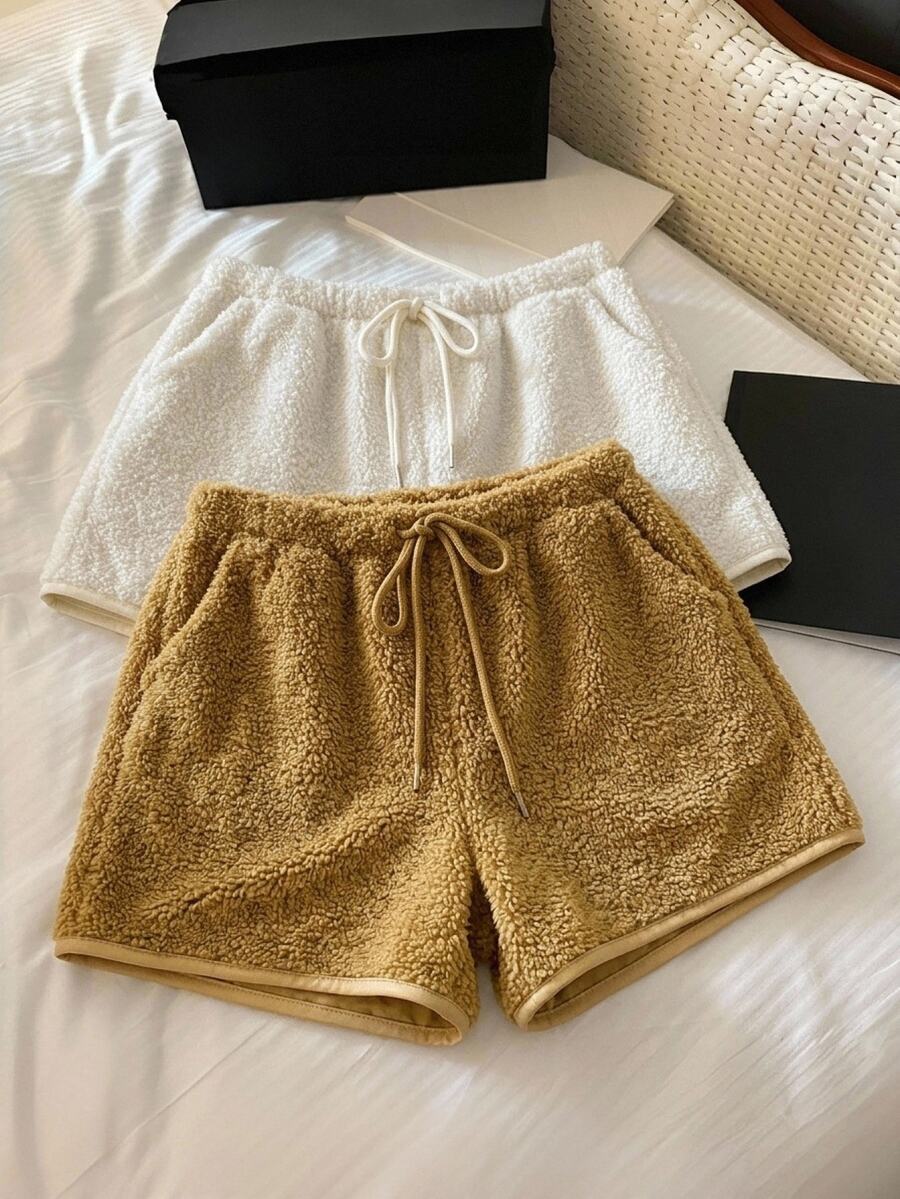 Comfortcana Women's Solid Color Drawstring Waist Pocket Plush Shorts - Multicolor - View 1