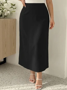 Dazy Plus Solid Color Elegant Fitted Long Versatile Fun Commuter Black Skirt - Black - View 2