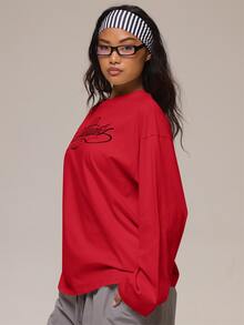 MUSERA 白色圖案 Logo 細節長袖上衣 冬季休閒日常舒適穿搭 女款 - 紅色 - 查看 3