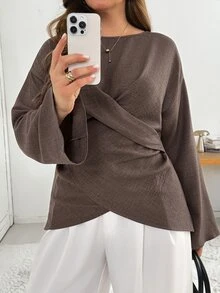 Shapeblank Plus Size Women's Solid Color Casual Versatile Daily Wear Long Sleeve Shirt - Brown - View 1