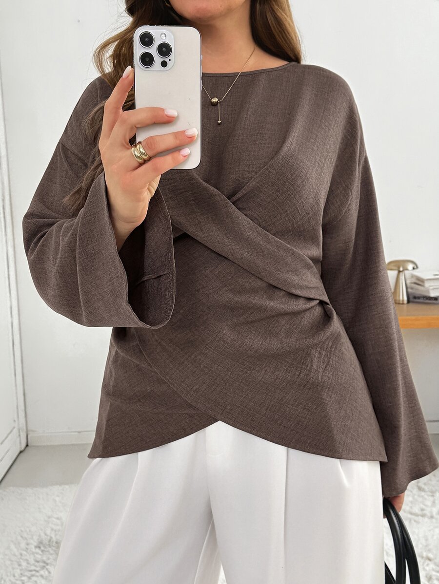 Shapeblank Plus Size Women's Solid Color Casual Versatile Daily Wear Long Sleeve Shirt - Brown - View 1