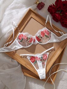 SHEIN 2pcs Women's Lingerie Set, Embroidered Underwire Bra And Panties - Multicolor - View 1