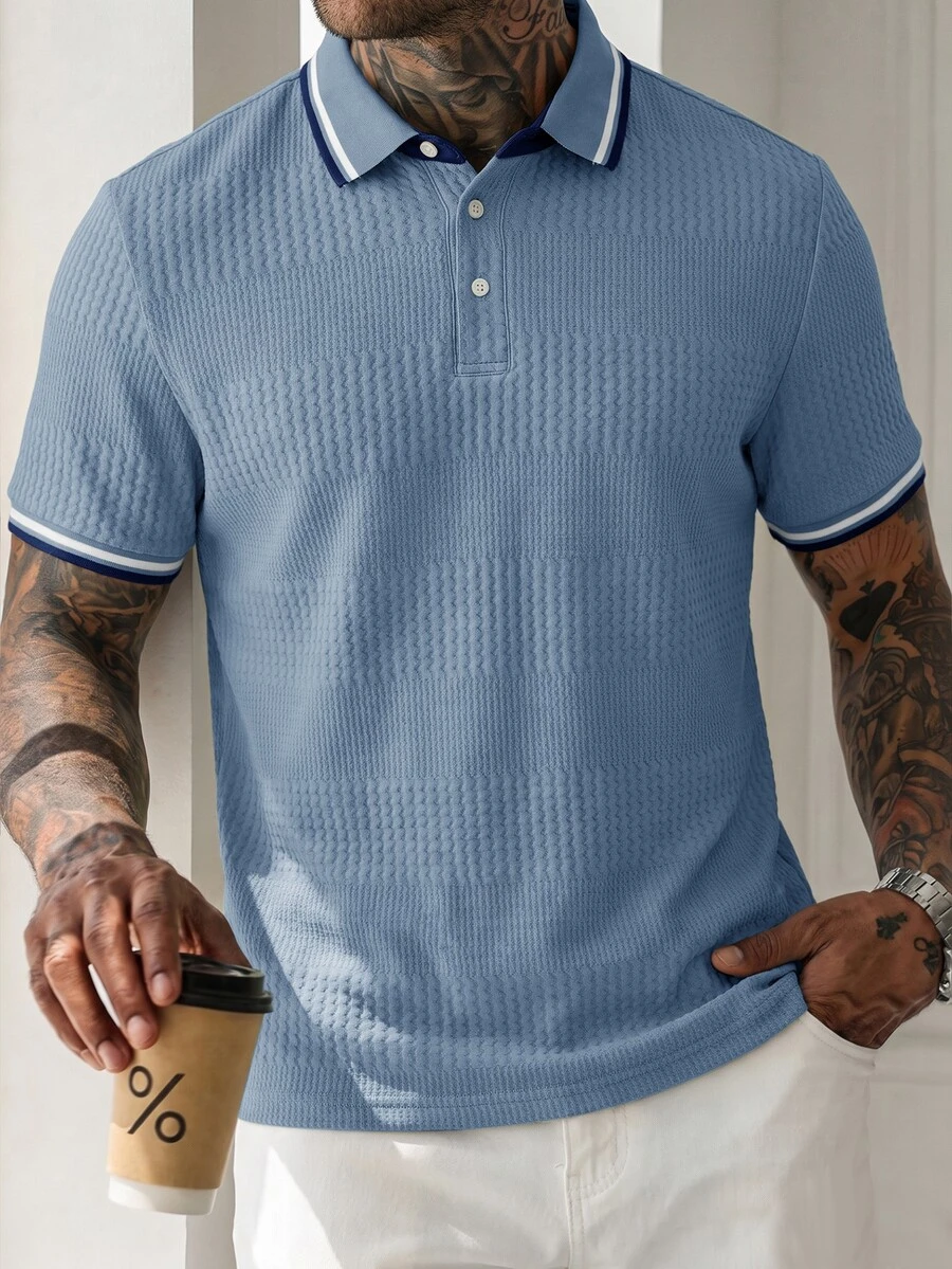 HUEFORM Men's Contrast Color Casual Daily Short Sleeve Polo Shirt - Blue - View 1