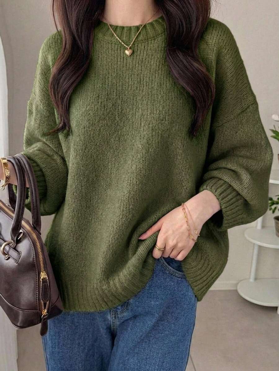 DAZY Women's Solid Color Drop Shoulder Crew Neck Casual Loose Pullover Sweater - Green - View 1
